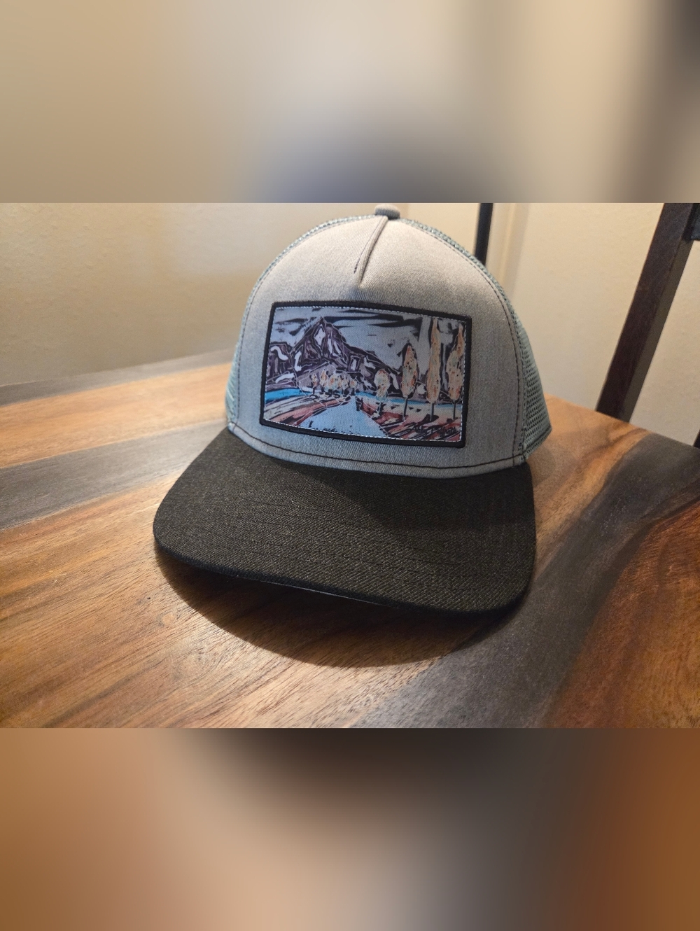 Beautiful Mountain Trucker Hat With Light Blue Mesh And Snapback